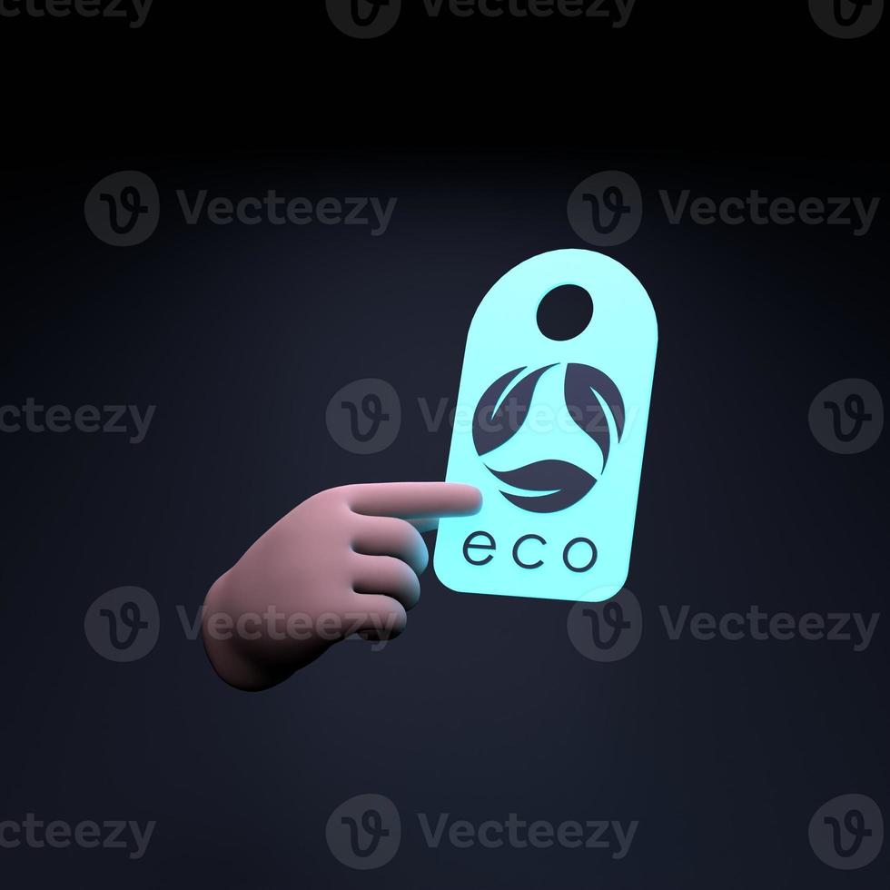 de hand houdt een neon eco-pictogram vast. ecologisch conservatieconcert. 3D render illustratie. foto