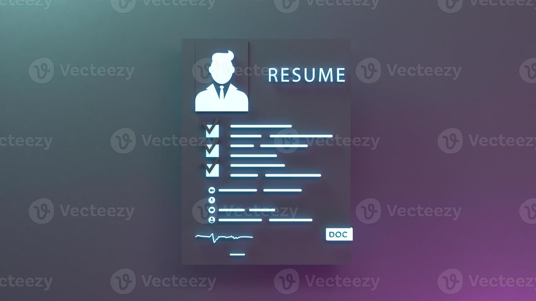 kandidaat CV neon icoon. personeel zoeken concept. 3D render illustratie. foto
