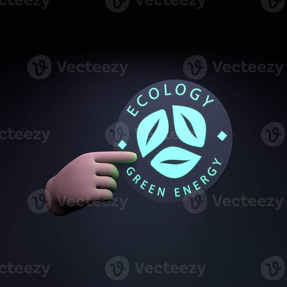 de hand houdt een neonpictogram vast op het thema eco. ecologie en het behoud van de planeet. 3D render illustratie. foto