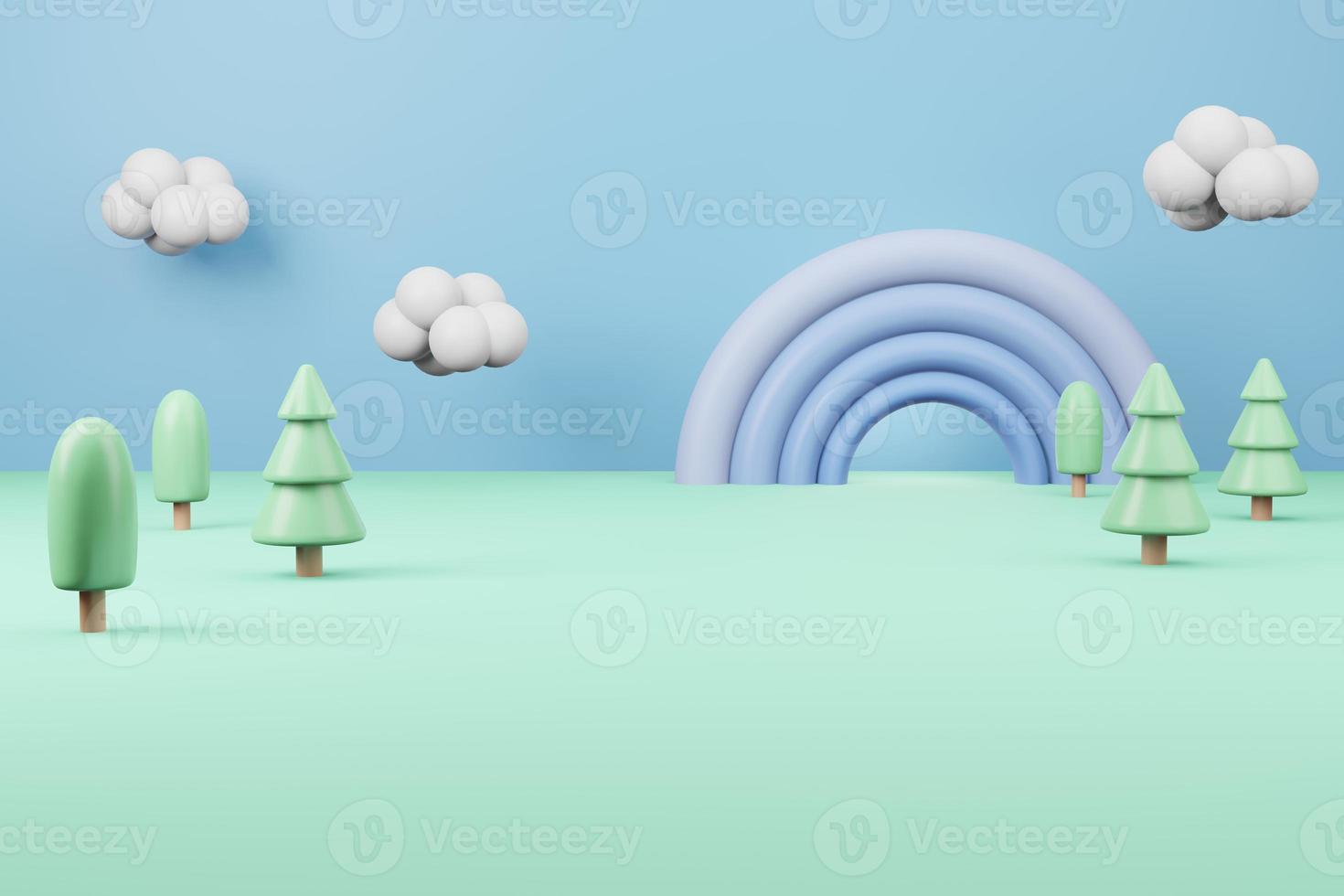 cartoon schattig achtergrond 3D-afbeelding weergave, schattige boom regenboog en wolken pastel kleur foto