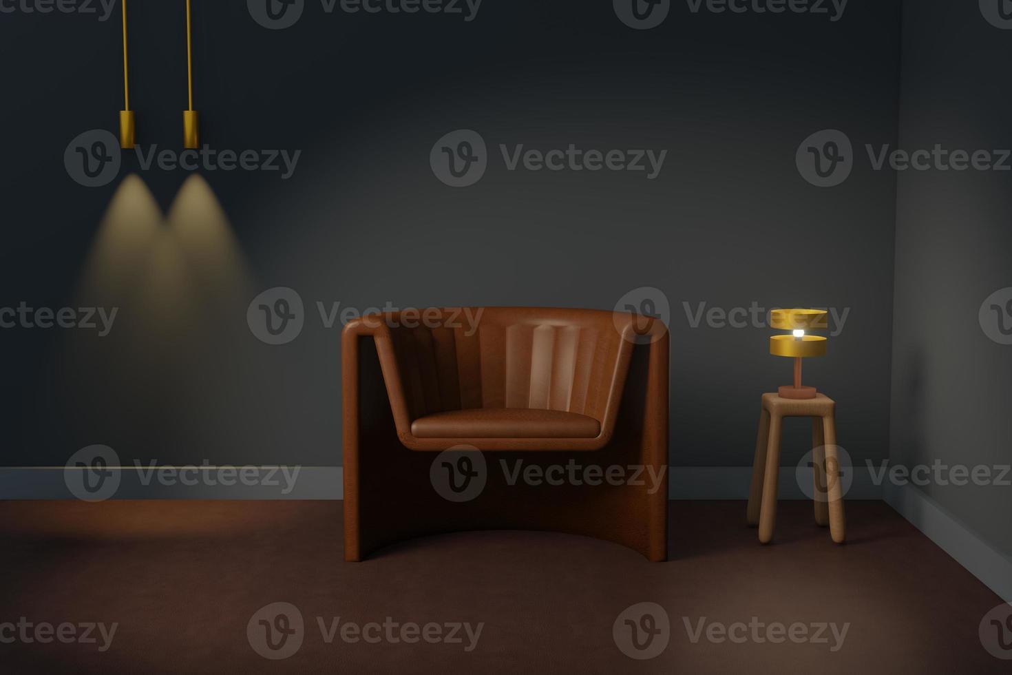 bruine leren bank met gouden lamp op houten tafel en hanglamp 3d illustratie, lege 1 zetels luxe bank in navi blauwe kamer achtergrond foto
