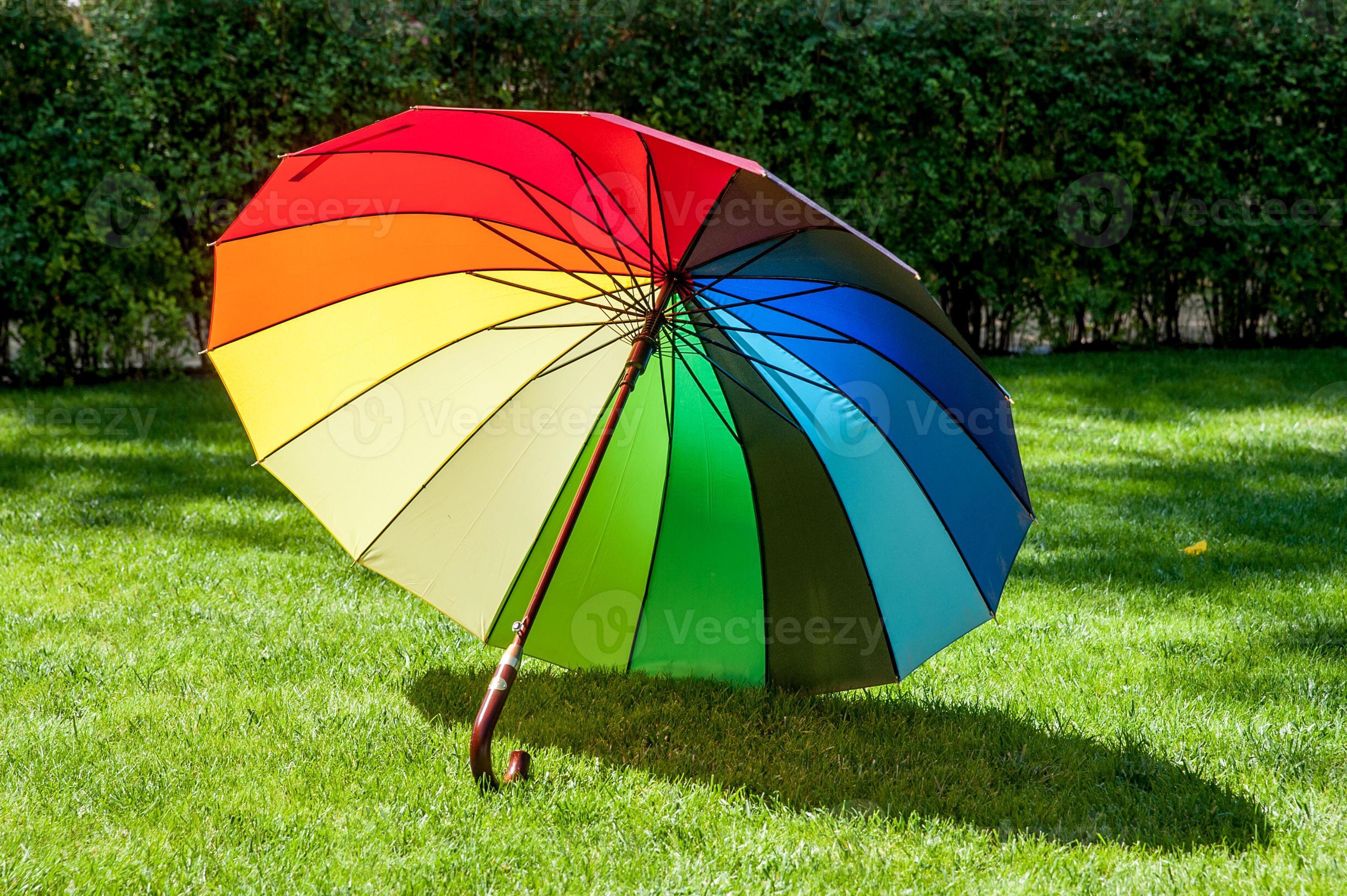 Aankondiging Scherm Toegepast regenboog gekleurde paraplu op het gras 1355077 Stockfoto