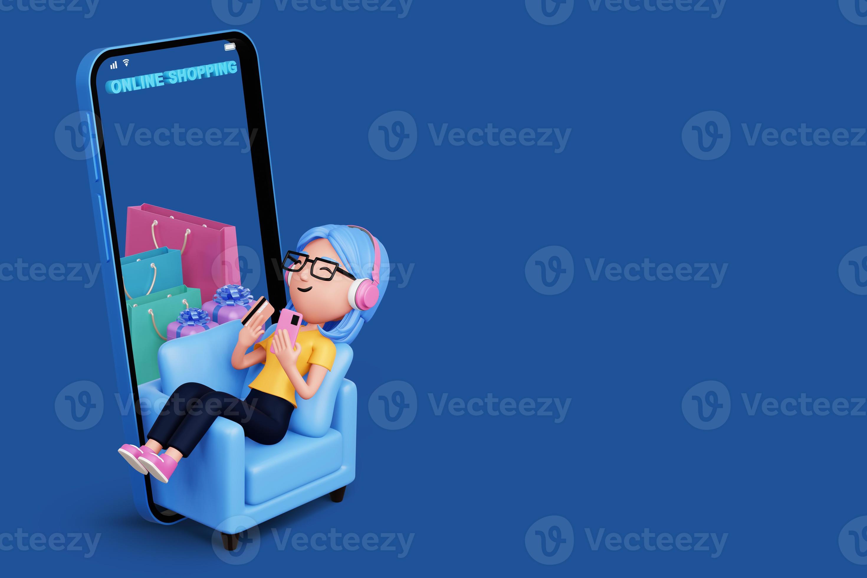 Dames met telefoon, gemakkelijk winkelen, 3d renderen 17388310 Stockfoto