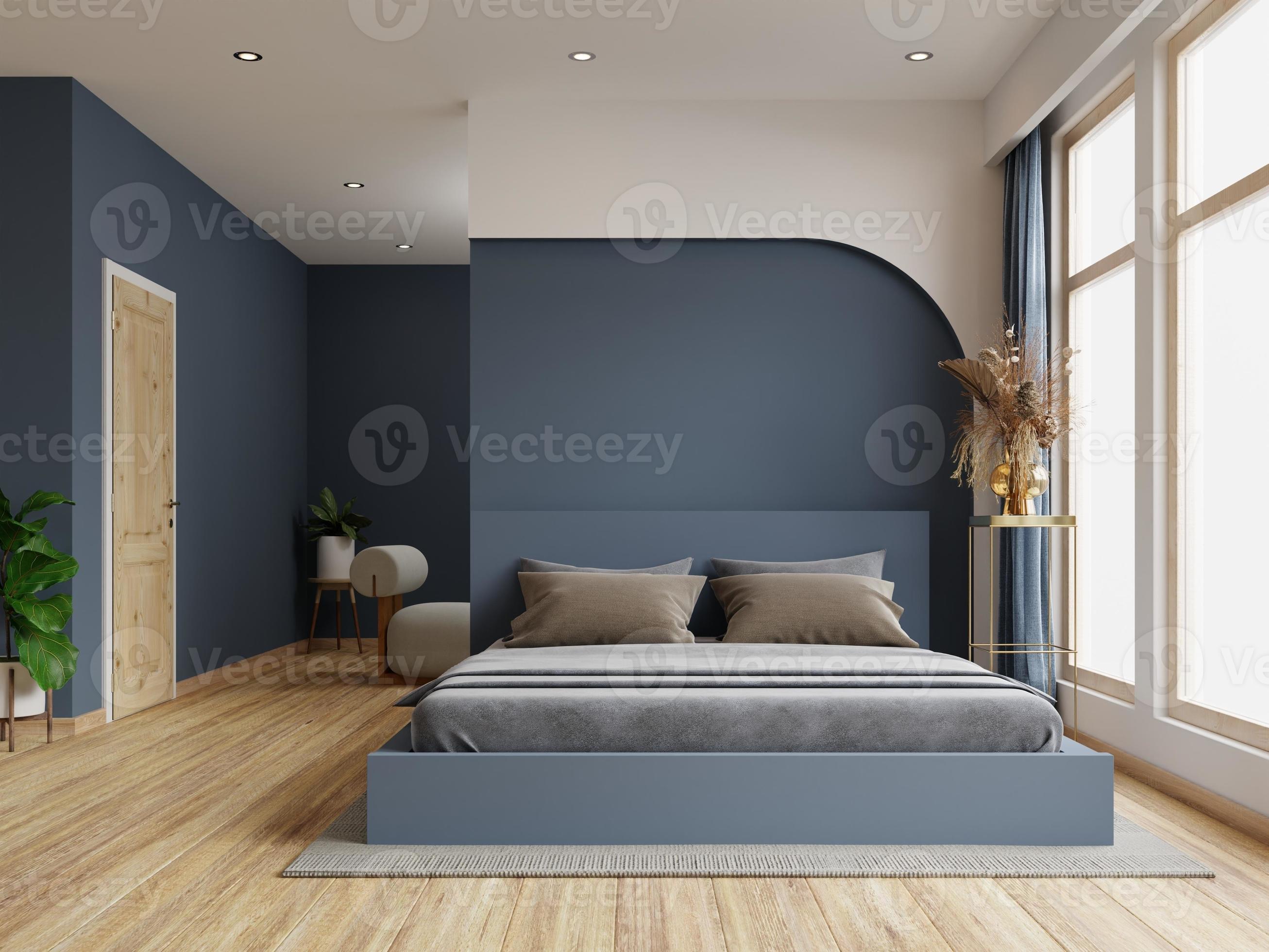 Accommodatie Tot stand brengen evalueren donker bed en mockup donkerblauwe muur in het interieur van de slaapkamer.  17526708 Stockfoto