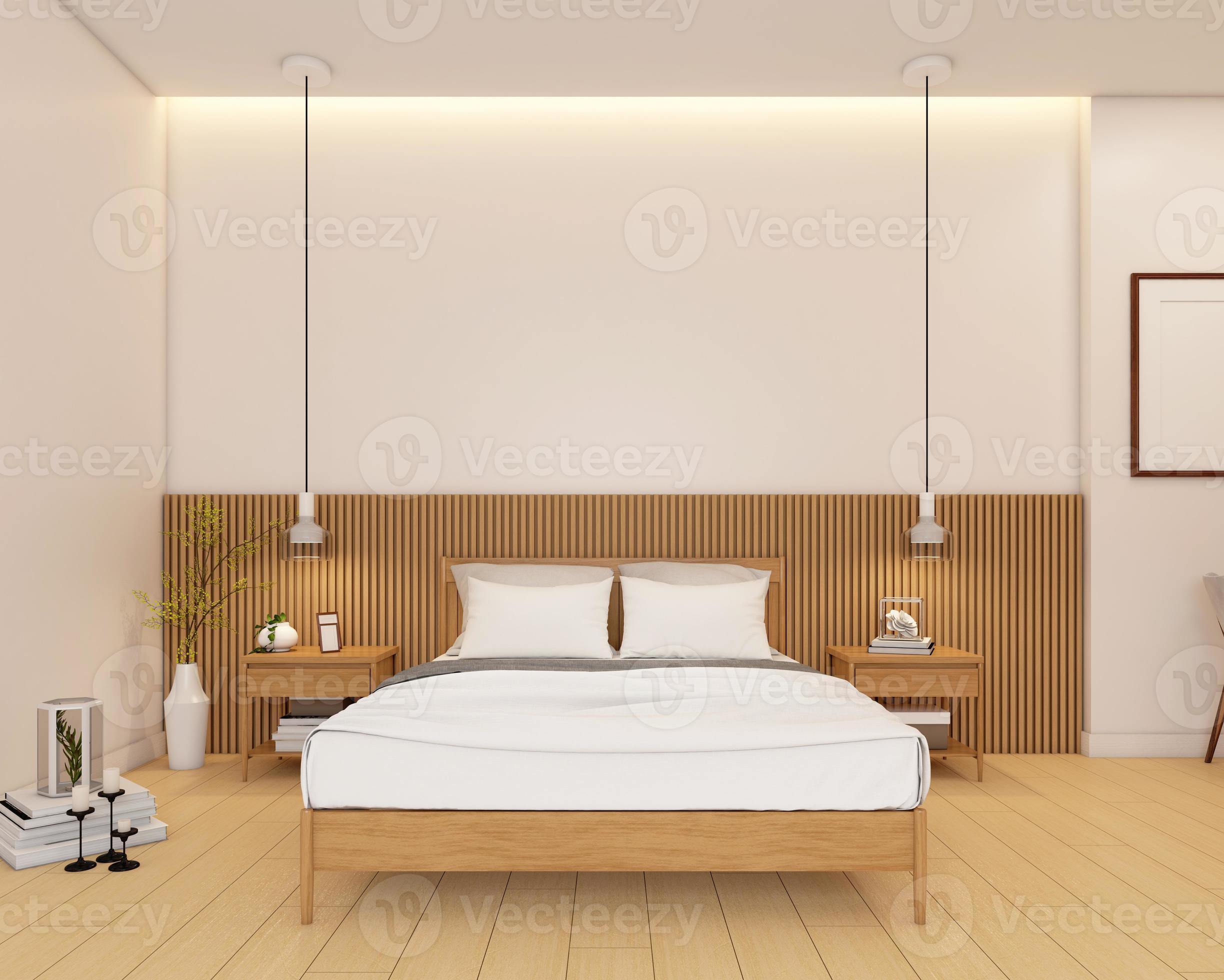 Discriminatie Postbode kalmeren Japans minimalistische bed kamer versierd met kant tafel en hangende lamp,  hout lat muur en hout vloer. 3d renderen 18785090 stockfoto bij Vecteezy