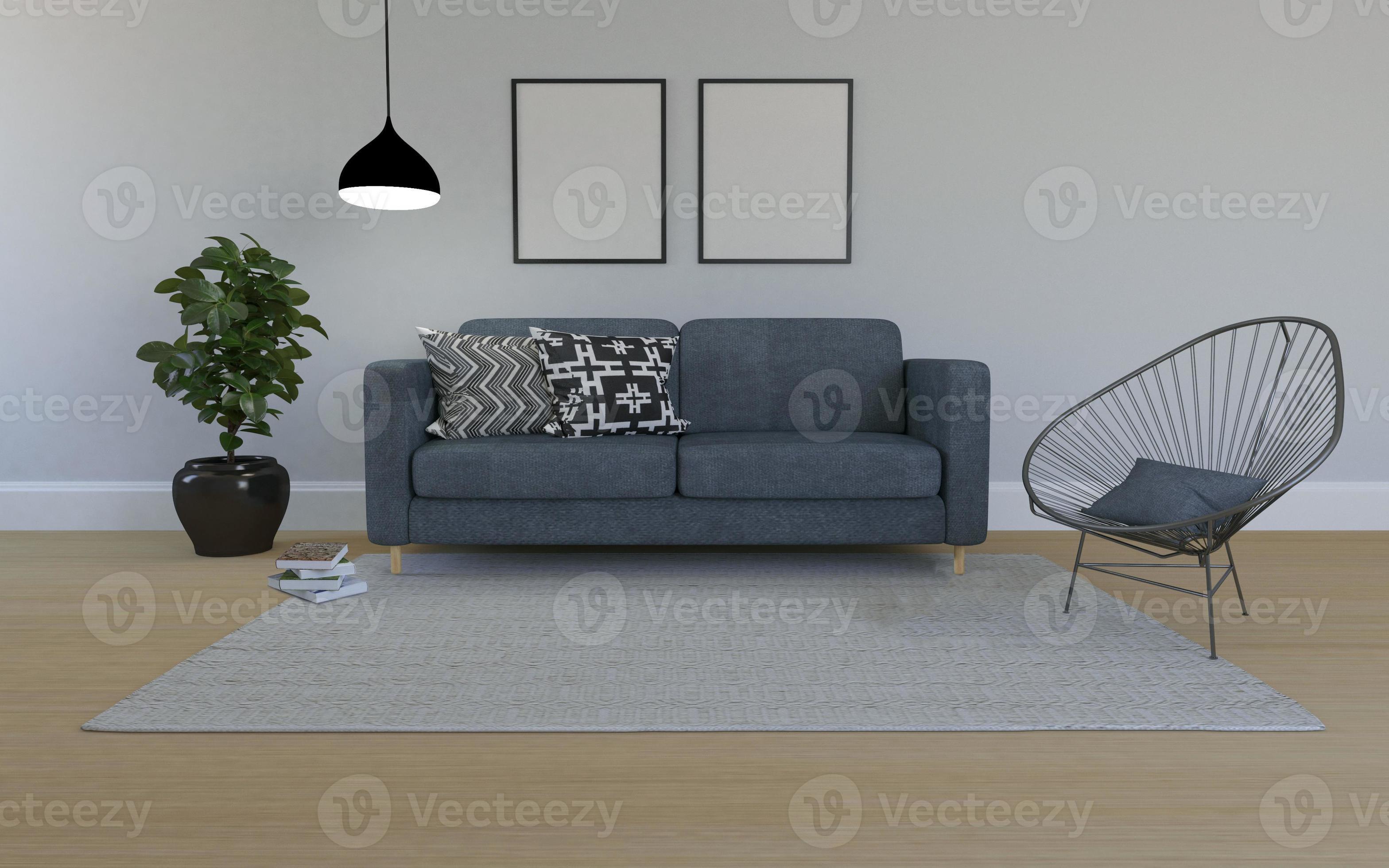 realistische mockup van 3D-weergave van interieur van moderne woonkamer met bank - bank en tafel foto