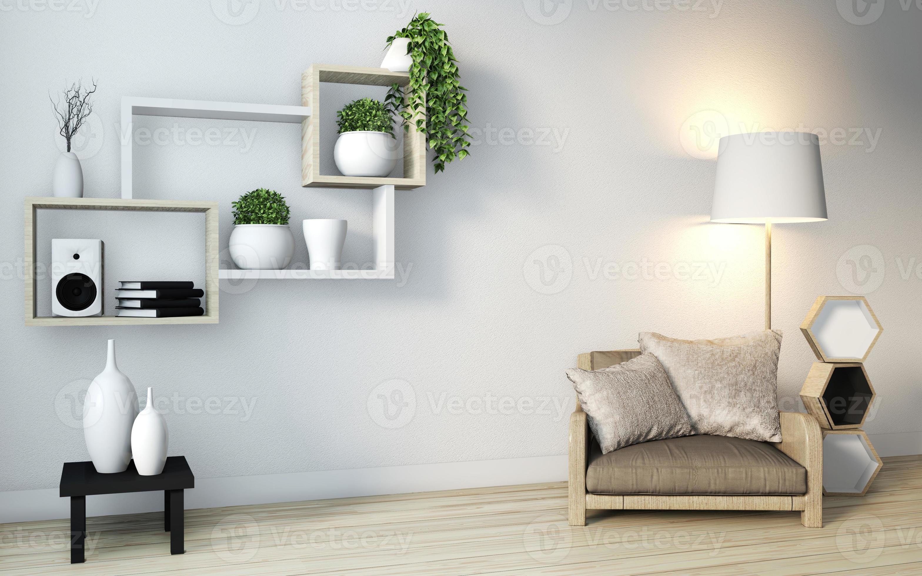 condoom streng Dicht minimalistische moderne zen-woonkamer met houten vloer en houten plank aan  de muur in Japanse stijl. 3D-rendering 4605163 Stockfoto