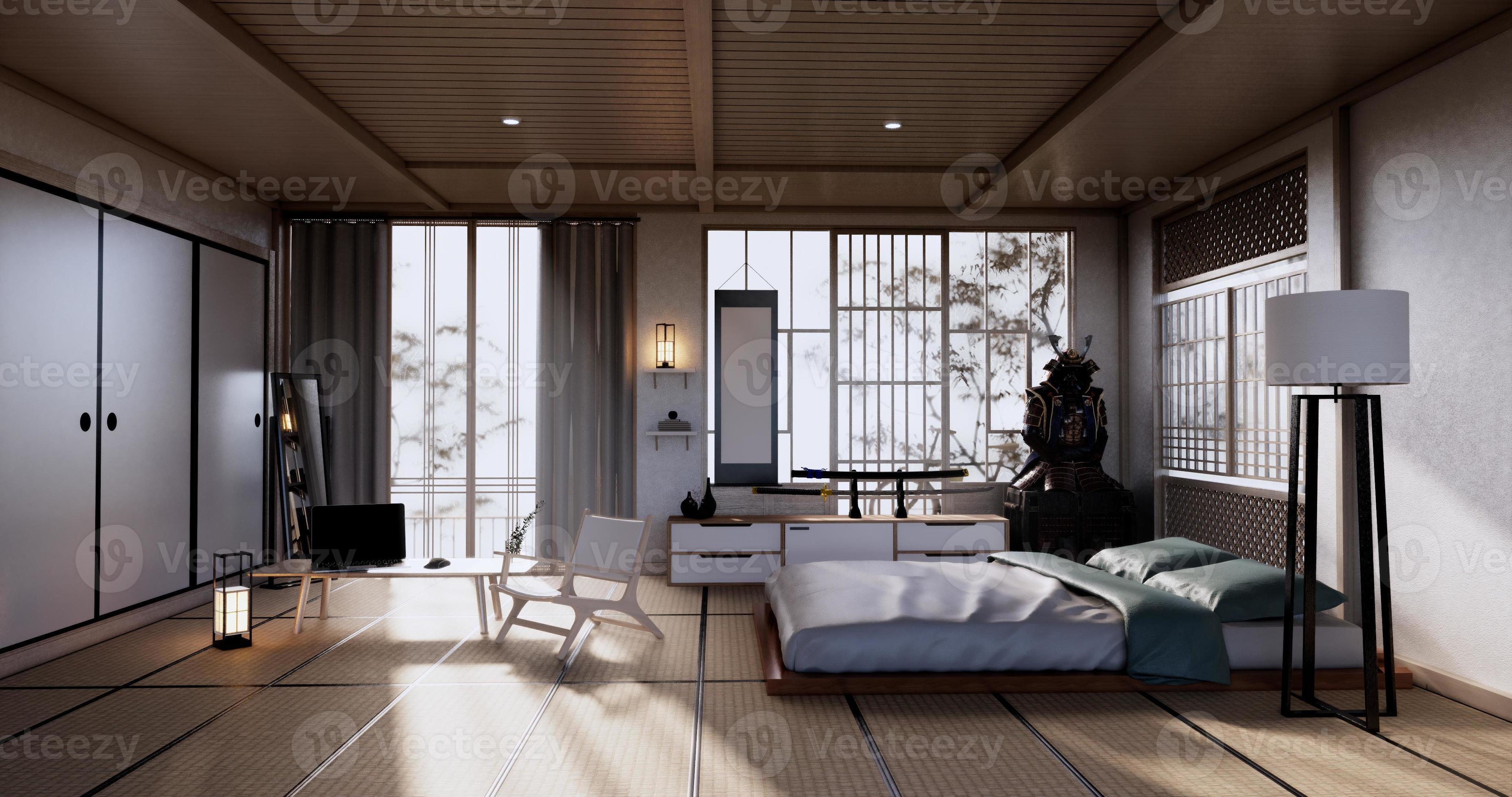 Blozend Zegevieren Uitbarsten slaapkamer Japans ontwerp op tropische kamer interieur en tatami mat vloer.  3D-rendering 4611009 Stockfoto