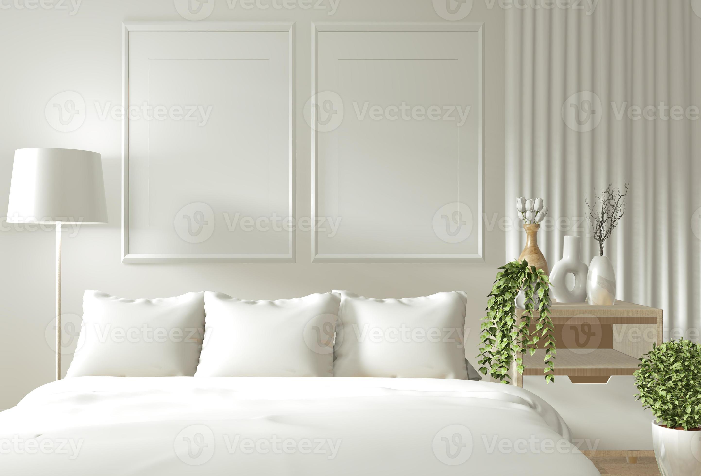 interieur muur mock up houten bed, gordijnen en decoratie japanse stijl in zen slaapkamer minimaal design. 3D-rendering. 4611088 Stockfoto