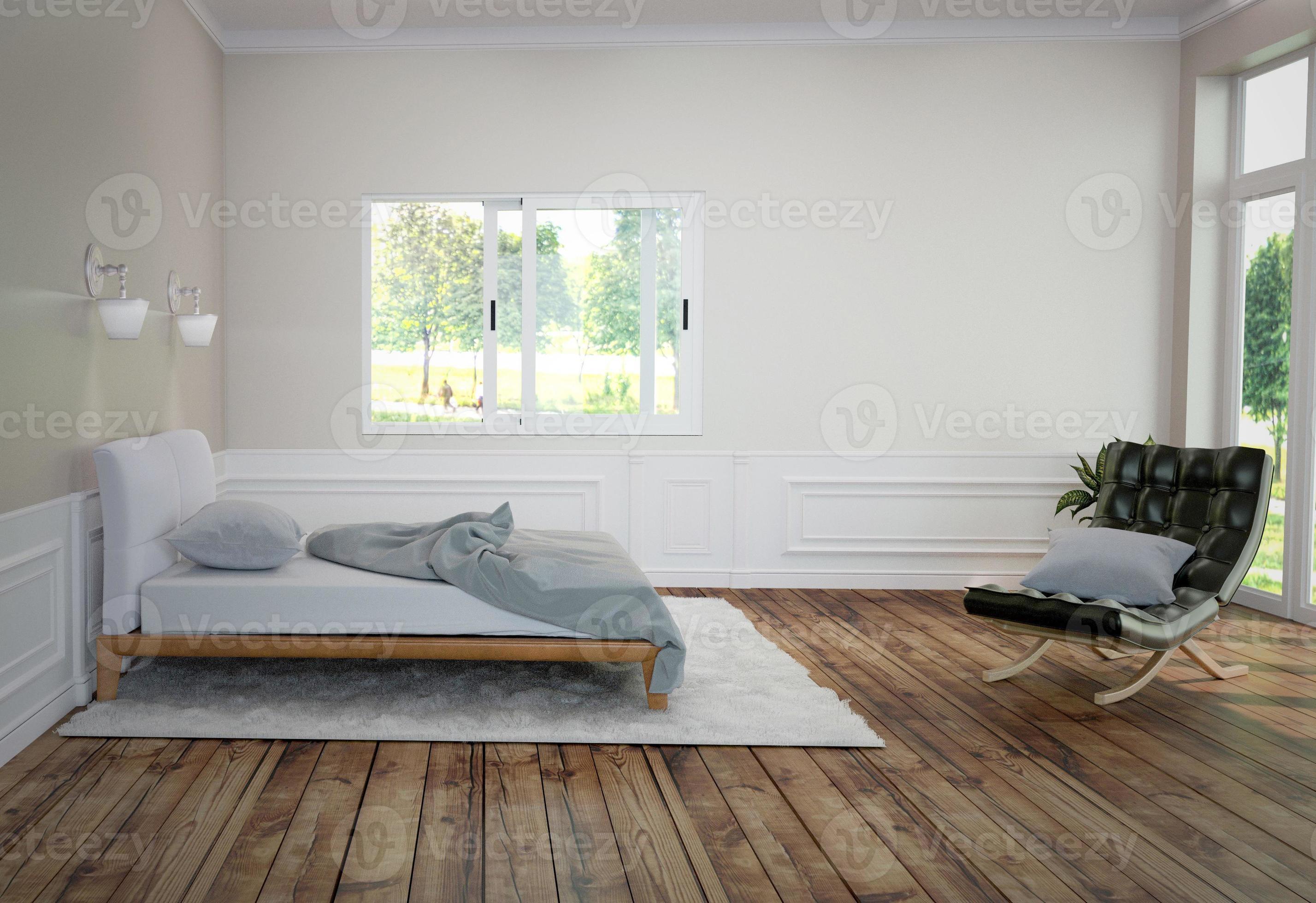 monteren esthetisch Presentator slaapkamer interieur met wit bed en tapijt met een lamp en bank, houten  vloer en zwarte muur achtergrond. 3D-rendering 4611687 Stockfoto