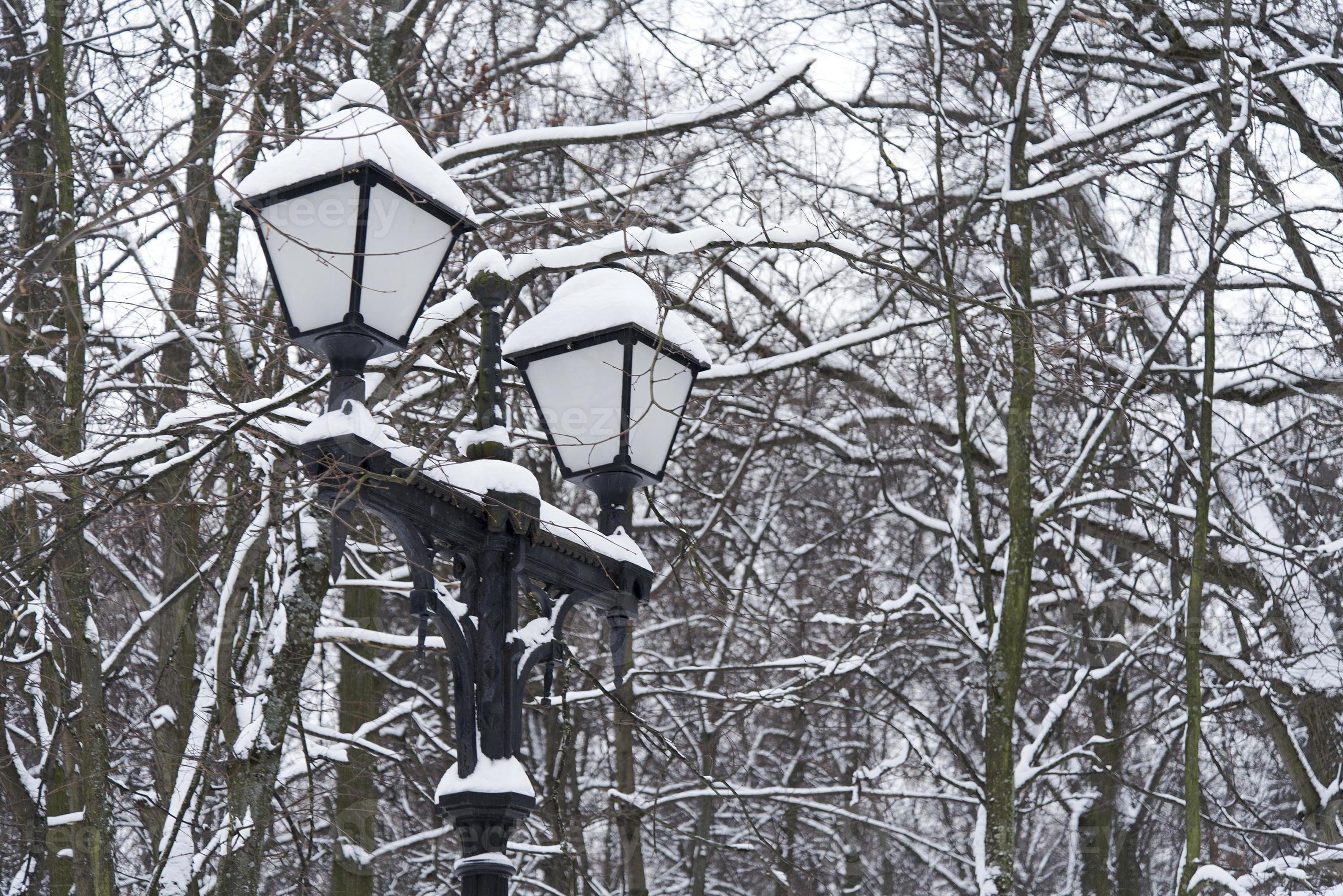 Turbine procent diepgaand besneeuwde, oude lantaarnpalen in het stadspark van moskou. 4955145  Stockfoto