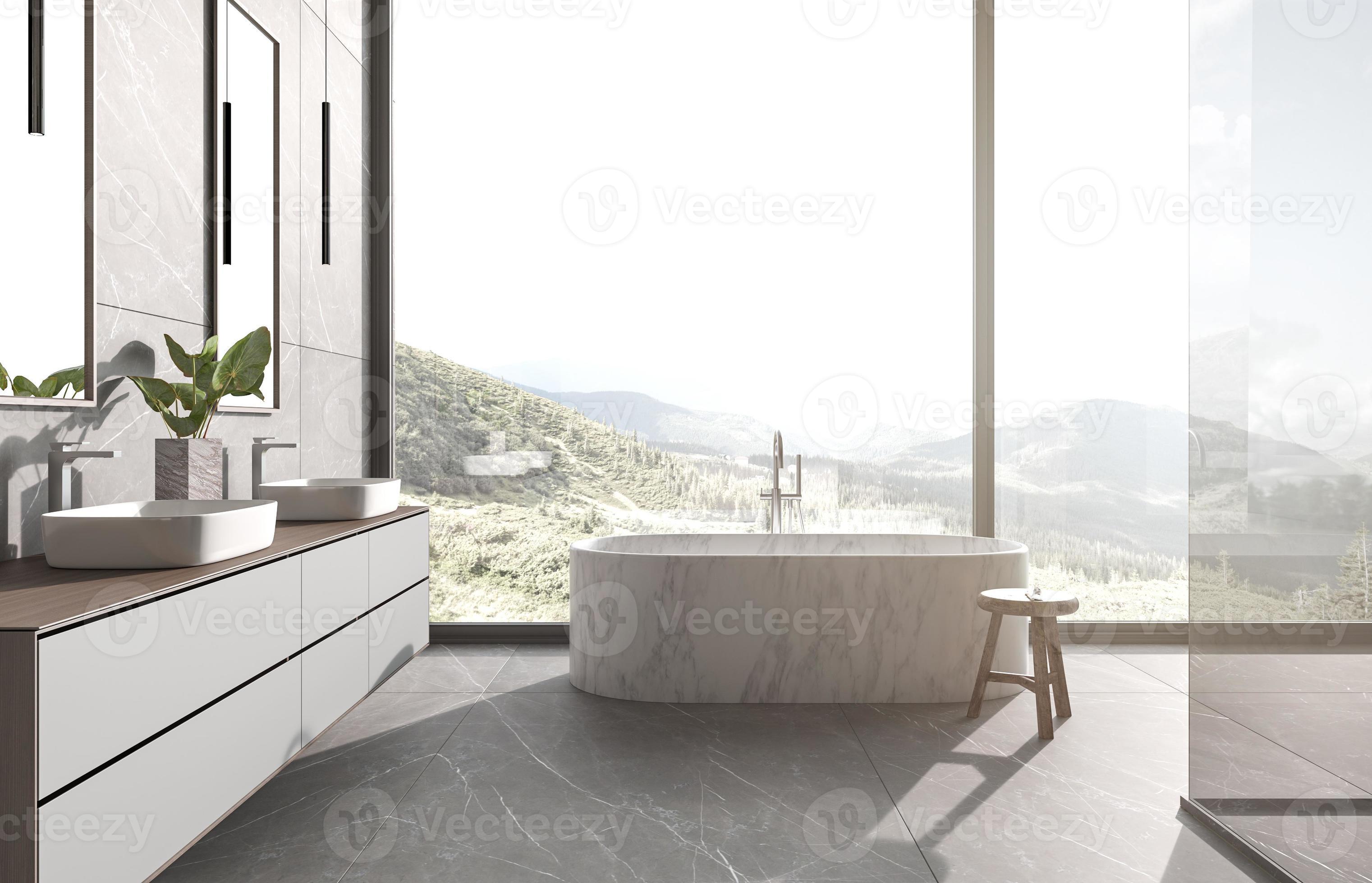 vuilnis moersleutel monteren moderne badkamer interieur met uitzicht op de natuur achtergrond. wastafels,  ligbad en douche. stenen tegel op muur en vloer. 3D render illustratie.  5579269 Stockfoto