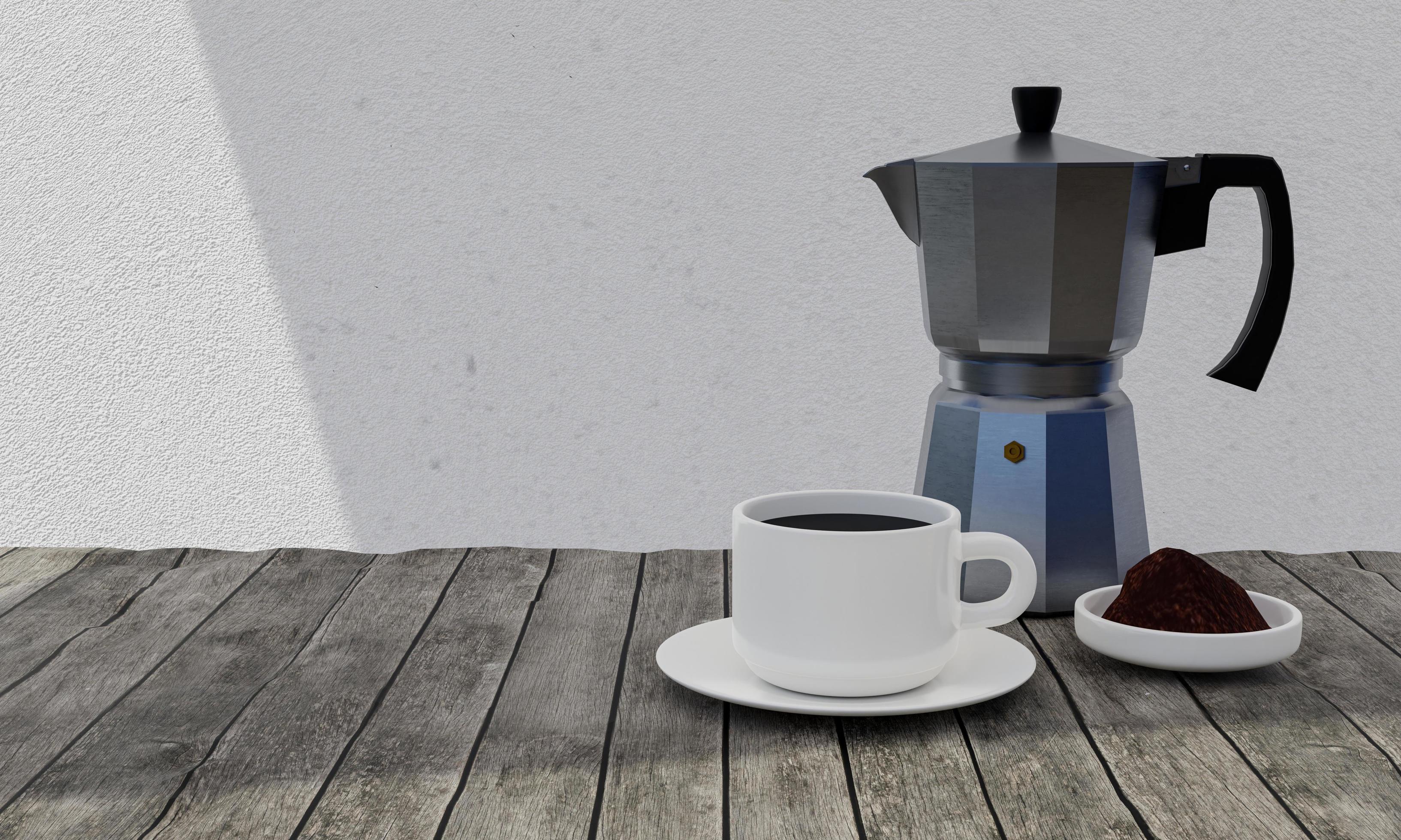 Rimpelingen Pittig Post impressionisme draagbare koffiemokkapot voor het maken van espresso. aluminium koffiekan.  gebruik met gasfornuizen of magnetische fornuizen. witte gips muur en  houten tafel. witte mok en schotel. 3D-rendering. 6667079 stockfoto bij  Vecteezy