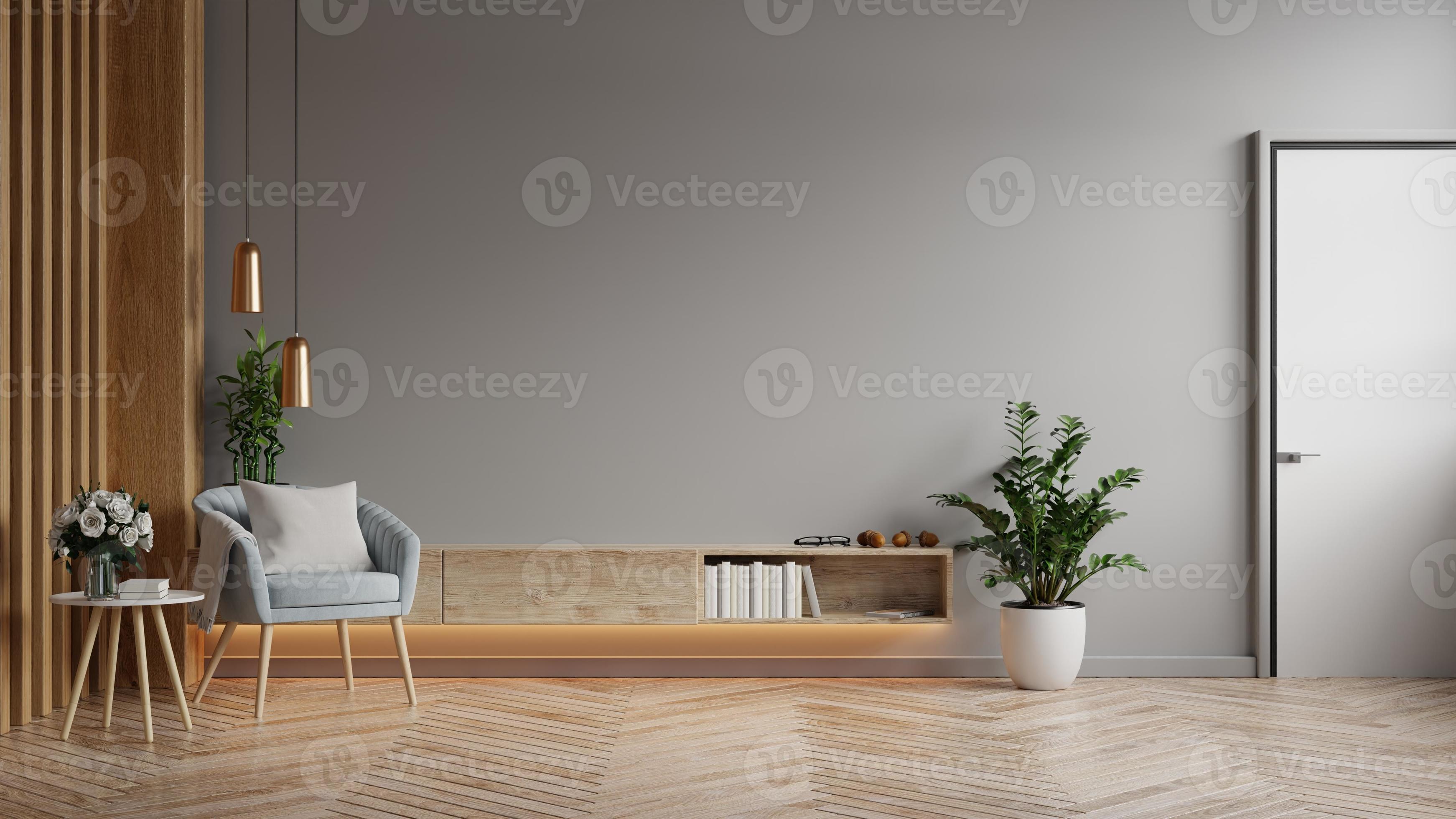 mockup kast in moderne woonkamer met blauwe fauteuil en plant op donkergrijze muur achtergrond. 6991288 bij Vecteezy