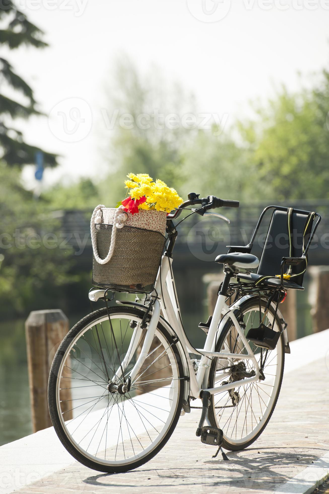 Verdampen metriek Uitwerpselen fiets met mand en bloemen 746534 stockfoto bij Vecteezy