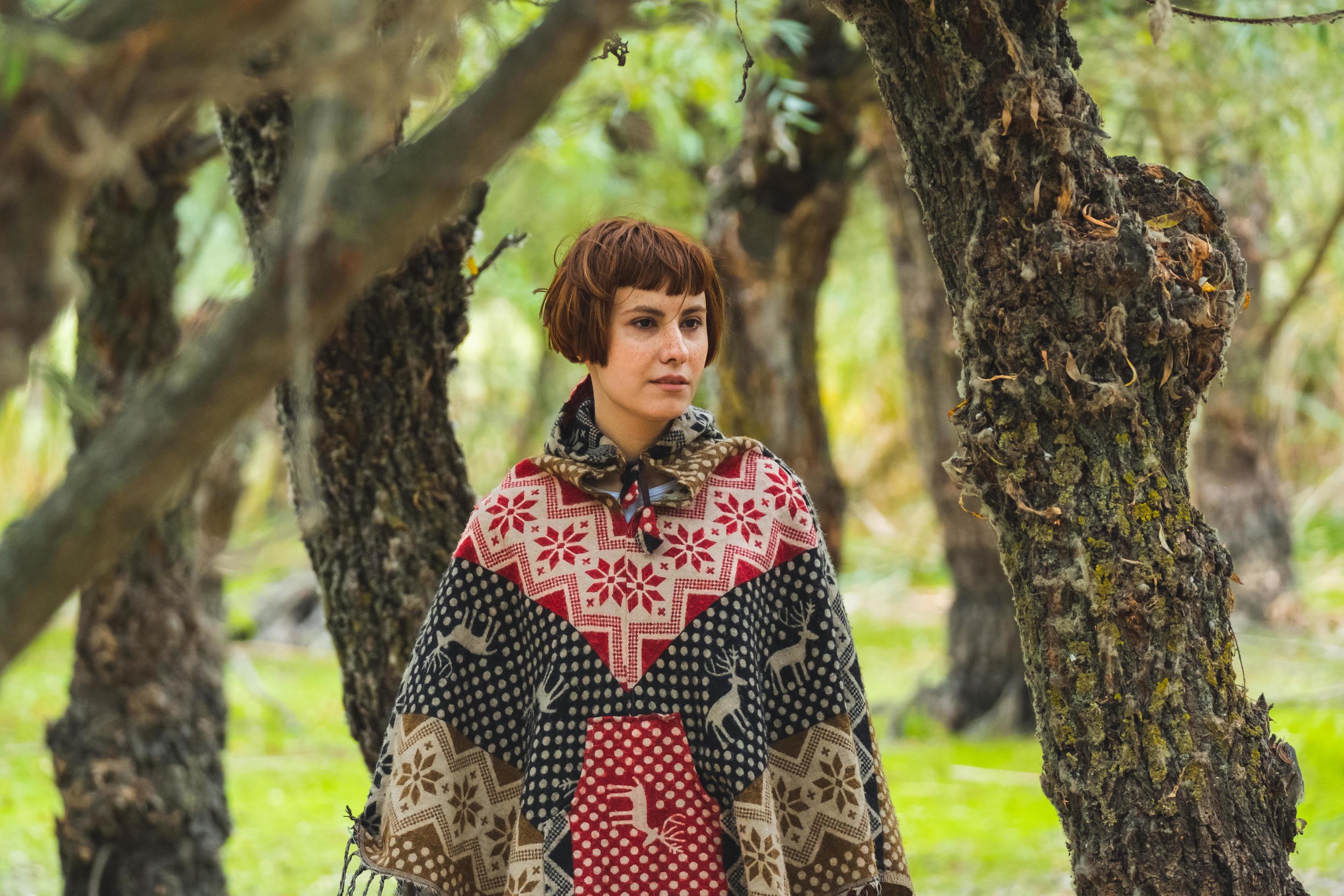 jonge vrouw reiziger gekleed in een poncho wandelen buiten in herfst velden 7566498 bij Vecteezy