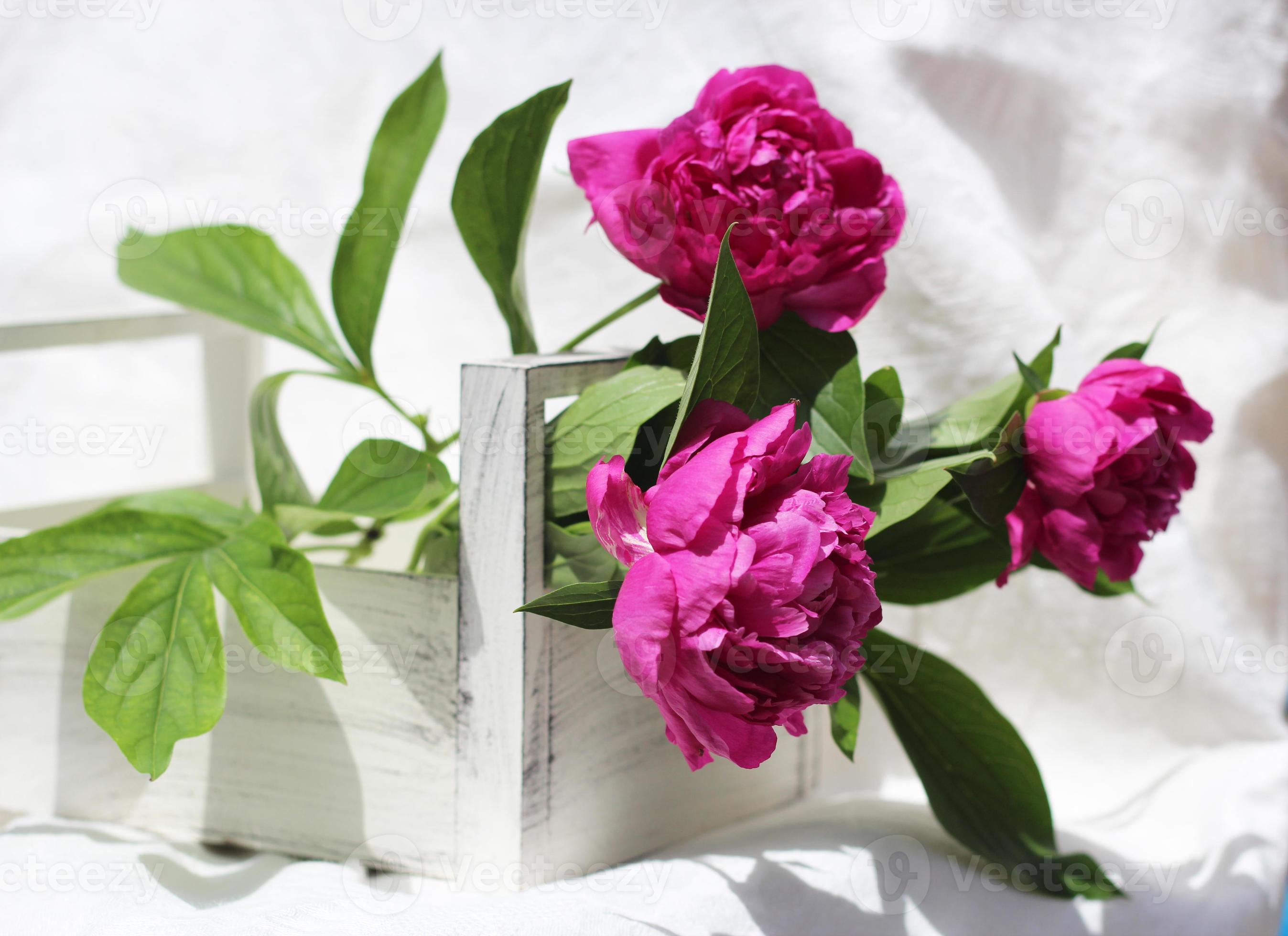 vice versa tetraëder Dertig pioenroos bloemen in een houten kist, een mand op een witte achtergrond,  floristische compositie, bloemen bezorgen 8387063 Stockfoto