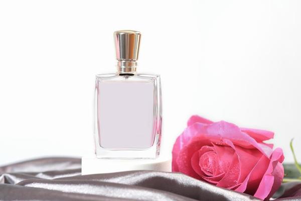 vrouw parfum fles Aan een grijs zijde achtergrond met roze vers roos knop.  geschenk voor een vrouw, geuren voor Dames, parfumerie winkel. 12571929  stockfoto bij Vecteezy