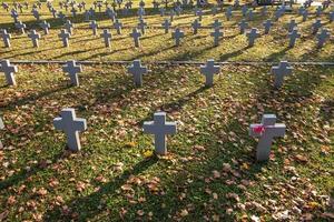 veel identieke grijze kruisen op de Poolse militaire begraafplaats. herfst en zonsondergang van het leven. strijd voor congregatie en onafhankelijkheid van het moederland foto