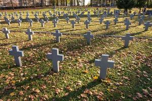 veel identieke grijze kruisen op de Poolse militaire begraafplaats. herfst en zonsondergang van het leven. strijd voor congregatie en onafhankelijkheid van het moederland foto