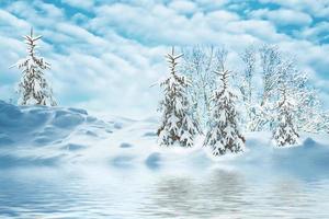 bevroren winterbos met besneeuwde bomen. foto