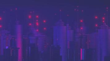 3D render van cyber nacht mega stad landschap scène. licht gloeien en reflectie op donkere tech scene. nachtleven. technologie netwerk voor 5g. verder dan futuristisch van sci-fi hoofdstad en bouwscène. foto