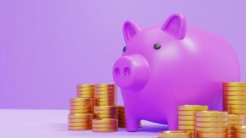 3D-rendering paarse varken munt op paarse achtergrond en gouden munten stack foto