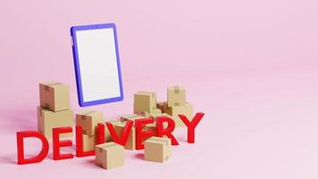 online shopping concept, mobiele telefoon en papieren dozen of pakket gelegd op roze achtergrond, 3d render. foto
