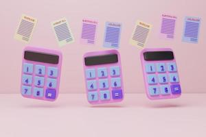 pastel roze rekenmachine en rekeningen tegen pastel roze achtergrond, 3d render, 3d illustratie, moderne kleur, minimalistisch design. foto
