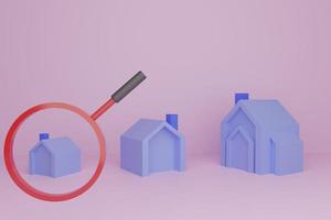 kleine, middelgrote, grote huismodellen, vergelijken elk huis, vergrootglas, huismodellen op roze achtergrond, 3d render foto