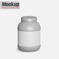 witte metalen plastic pot met deksel en label voor proteïne, mass gainer, poeder, pillen. fotorealistische mockup-sjabloon voor verpakkingen met voorbeeldontwerp. 3D illustratie. foto