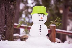 lachende sneeuwpop met groene hoed foto