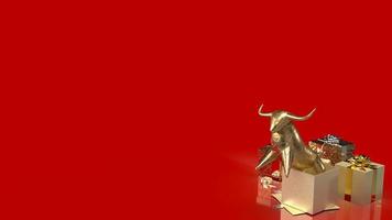 gouden stier en geschenkdoos op rode achtergrond voor bedrijfsconcept 3D-rendering. foto