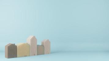 de houten huizen met meerdere maten speelgoed op blauwe kleur achtergrond 3D-rendering foto