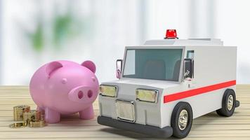 ambulance en spaarvarken op houten tafel voor gezondheidszorg of medisch concept 3D-rendering foto
