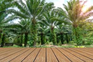 houten tafel met onscherpte oliepalmplantage met varens in thailand foto