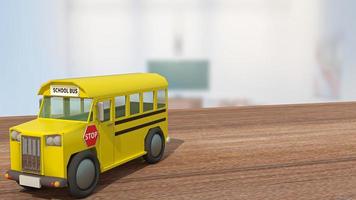 de schoolbus op houten tafel in de klas voor terug naar school of onderwijsconcept 3D-rendering foto