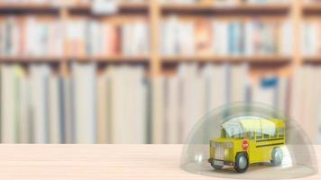 schoolbus en glazen koepel op houten tafel voor onderwijs en uitbraken concept 3D-rendering foto