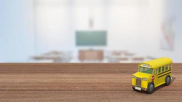 de schoolbus op houten tafel in de klas voor terug naar school of onderwijsconcept 3D-rendering foto