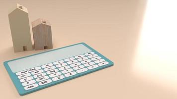 het huisspeelgoed en de rekenmachine voor 3D-rendering van bouw- of eigendomsinhoud foto