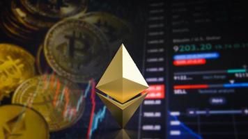 het gouden etherium-symbool op zakelijke achtergrond voor 3D-rendering van het cryptocurrency-concept foto