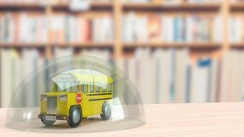 schoolbus en glazen koepel op houten tafel voor onderwijs en uitbraken concept 3D-rendering foto