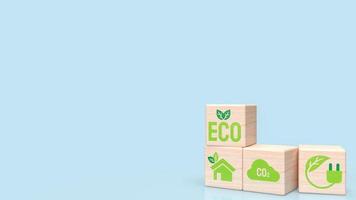 de houten baksteen op blauwe achtergrond voor eco of ecologisch concept 3D-rendering foto