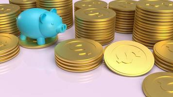 de blauwe spaarvarken en gouden munten voor besparing of bedrijfsconcept 3D-rendering foto