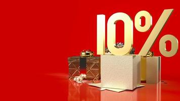 het gouden aantal procent en geschenkdozen op rode achtergrond voor verkooppromotie zakelijke inhoud 3D-rendering foto