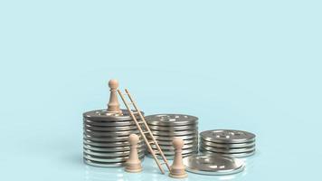 het houten schaken en zilveren munten voor bedrijfsconcept 3D-rendering foto