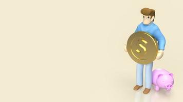 de figuur man houdt gouden munten en spaarvarken vast voor besparing of bedrijfsconcept 3D-rendering foto