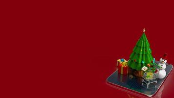 kerstboom en winkelwagentje op tablet voor feest of vakantieconcept 3D-rendering foto