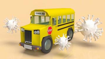 de schoolbus en het witte virus voor de coronaviruscrisis in het 3D-rendering van het schoolconcept foto