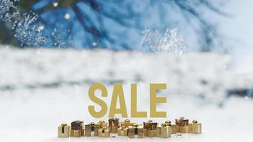de verkoop gouden tekst en geschenkdoos op winter achtergrond 3D-rendering foto